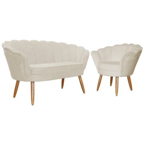 Kit Namoradeira e 1 Poltrona Pétala Decorativa Veludo Bege  - Montanaris Decor