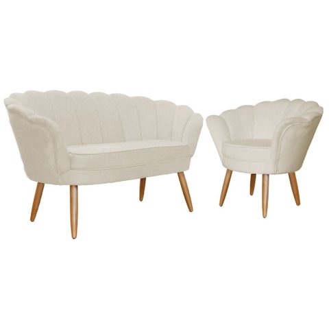Kit Namoradeira e 1 Poltrona Pétala Decorativa Veludo Bege  - Montanaris Decor