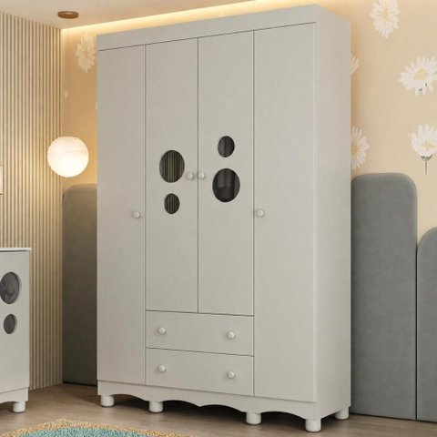 Guarda-Roupa Infantil 122cm com Vidro 4 Portas e 2 Gavetas Suspiro Multimóveis MP4458 - Off White