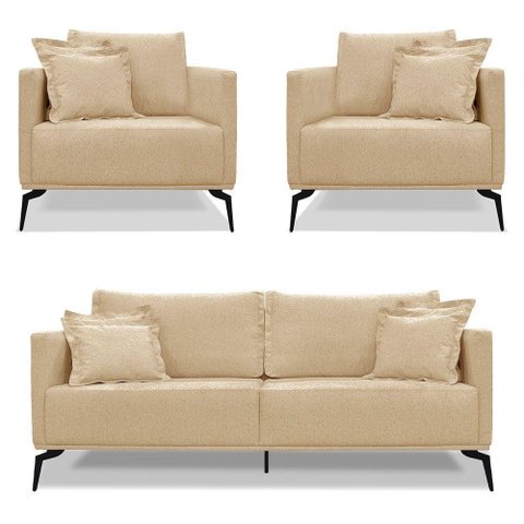 Kit 2 Poltronas E Sofá 2 Lugares 1,80m Dourado Pés Metálicos