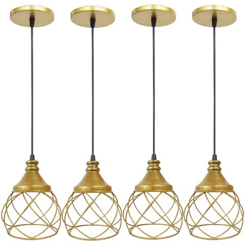 4 Pendente Aramado Esfera Balonê Dourado Lustre Luminária Teto Regulável Sala Cozinha Industrial Agp