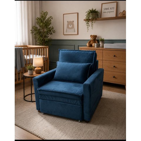 Poltrona Sofá Cama Solteiro Assento Dobrável no Veludo Azul