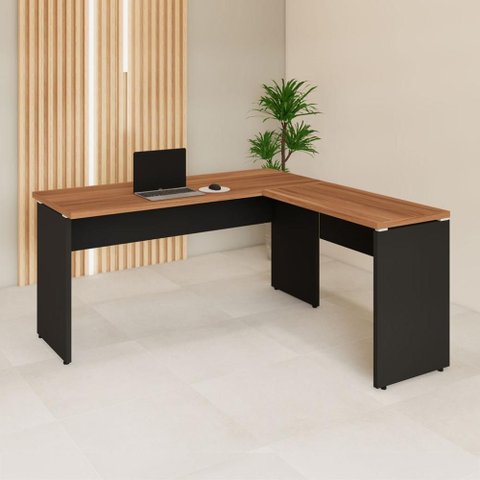 Mesa Escrivaninha 150cm em L Tampo 30mm Pés Painel F5 Office Cor:Nogal com Preto