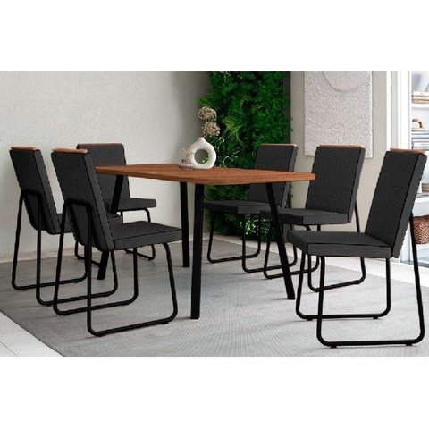 Conjunto: Mesa Sala Jantar Stellar 1597 Aço C/ Tampo Madeirado 160x90cm e 6 Cadeiras Lira Preto/