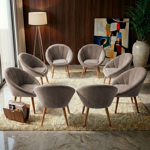 Kit 8 Poltrona Sala Decorativa Sofia Veludo Bege Pés Palito Castanho - Arkell