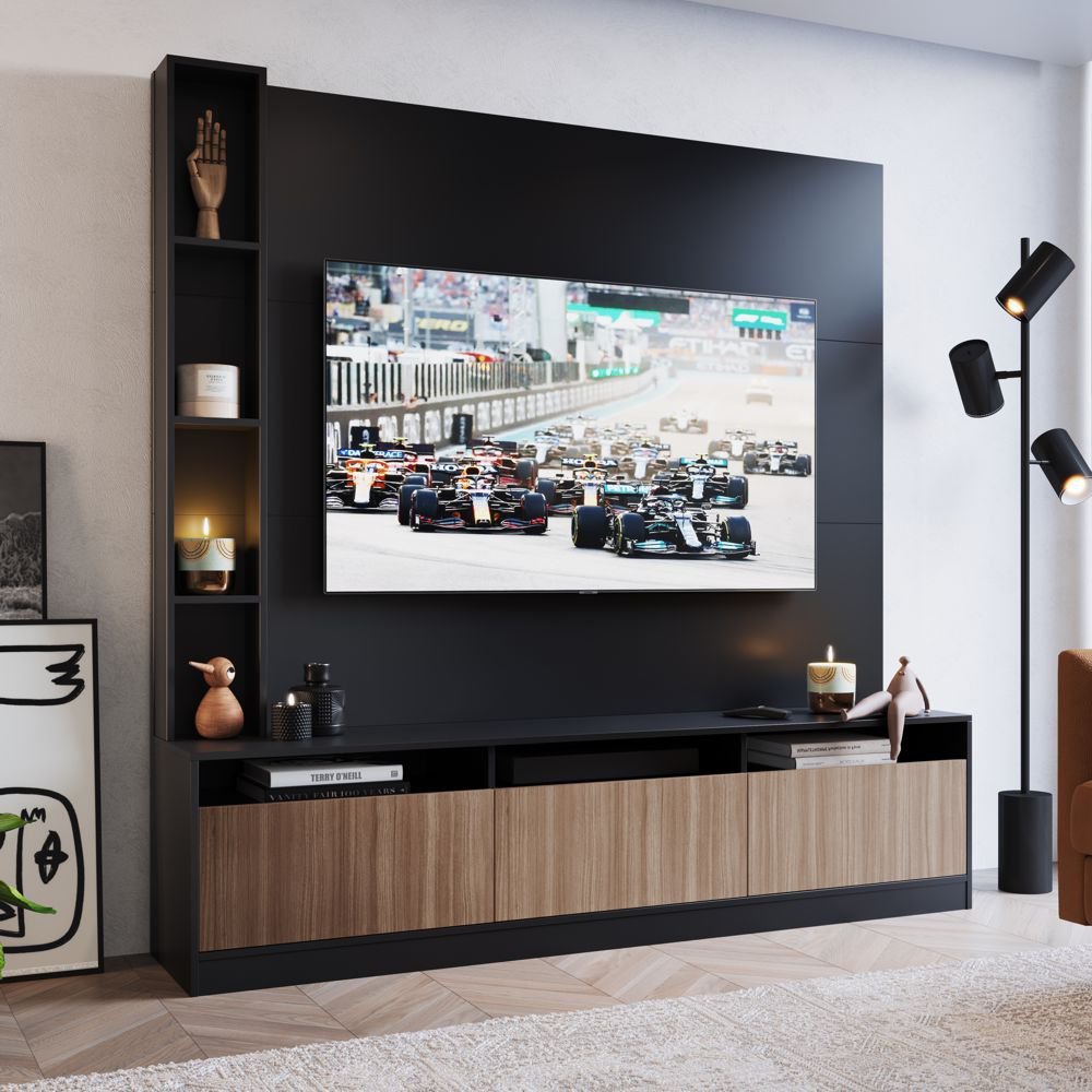 Painel Home/Rack Para TV 180cm 03 Portas e Nichos Laterais - Preto ...