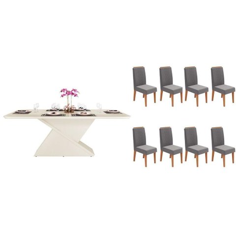 Sala de Jantar Completa Zafira C/ Tampo Madeirado C/ Vidro Curvo 200x10cm e 8 Cadeiras Lia Off White