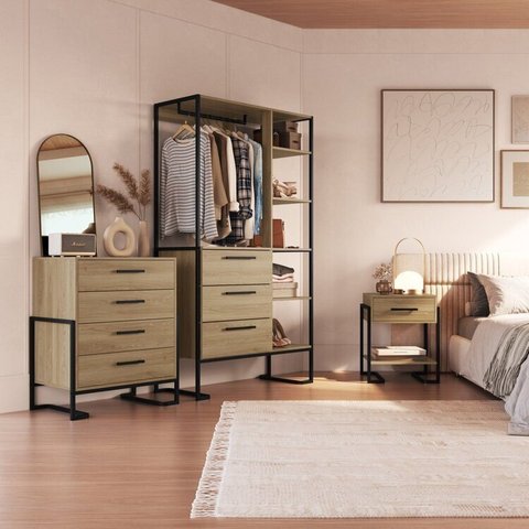 Conjunto Quarto Industrial Closet, Sapateira, Cômoda e Mesa de Cabeceira Marrom/Preto/Oak