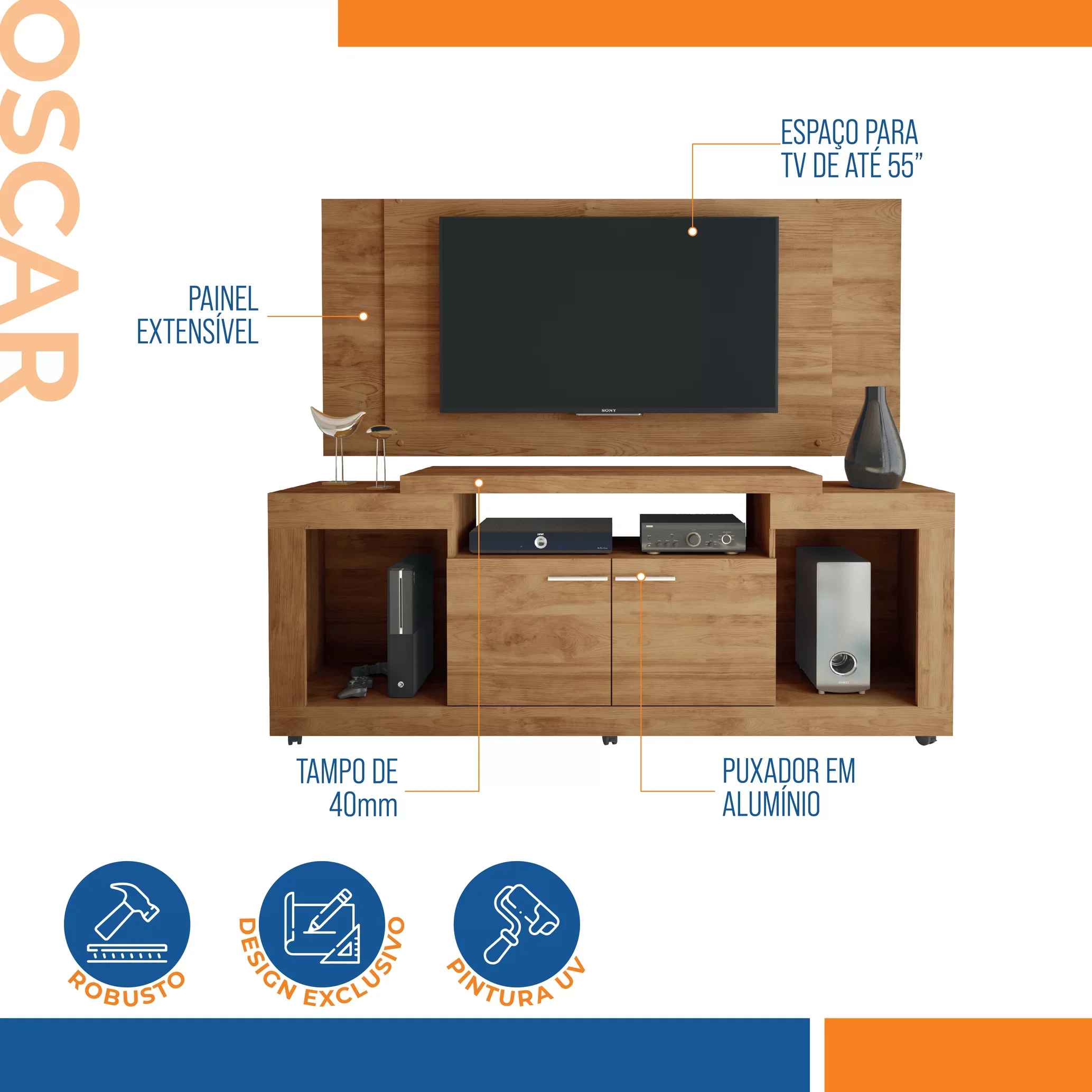 Rack com Painel para TV até 55 Polegadas Oscar Caemmun | MadeiraMadeira