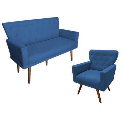 Kit Namoradeira + 1 Poltrona Decorativa Aurora Suede Azul Marinho Pés Madeira Mz Decor