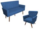 Ver imagem 1 de Kit Namoradeira + 1 Poltrona Decorativa Aurora Suede Azul Marinho Pés Madeira Mz Decor