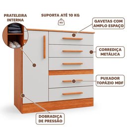 Cômoda 1 Porta 5 Gavetas Freijó Off White Advantage Batrol - 2