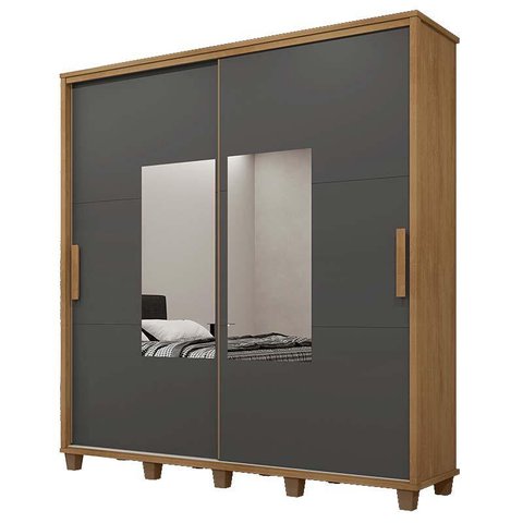 Guarda Roupa Casal 228cm Portas Correr Com Espelho Monte Carlo RV Móveis Cinamomo/Grafite