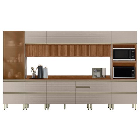 Cozinha Modulada Proença 8 Peças com Cristaleira e Balcão 120cm Nogueira Touch/nude Prime Tx -