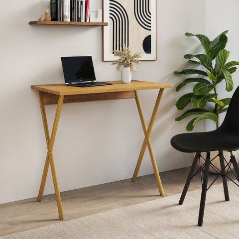 Mesa Home Office X 90x53 com Base em Ferro para Computador e Estudo - Ferro Dourado Tampo Freijó
