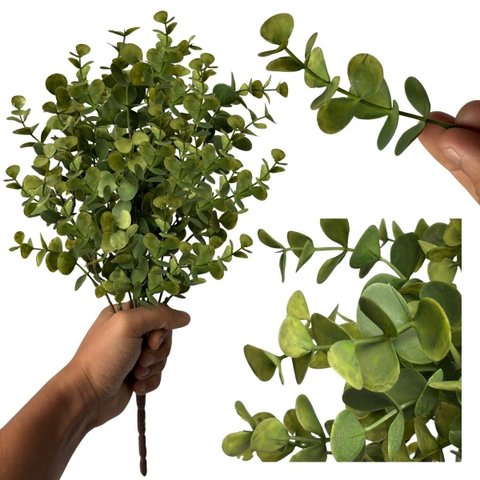 Galho de Eucalipto Artificial 40cm com 6 Hastes – Folhagem Permanente Realista Decorativa