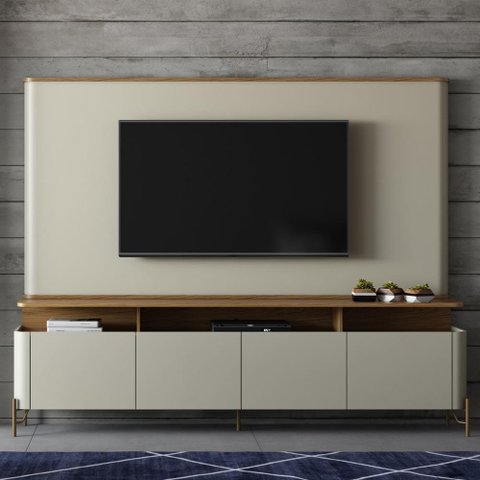 Rack com Painel para Sala 4 Portas 220cm Pés Metal 100% Mdf Cor:louro e Luna com Dourado