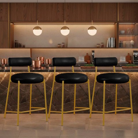 Banqueta Cozinha Alta com Encosto Kit 3 Industrial Dourado Londres PU Facto D03 - D'Rossi