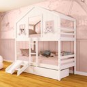Ver imagem 1 de Beliche Casinha Dos Sonhos com 02 Gavetas Kit Escada/ Escorregador Madeira Maciça Branco/ Rosa