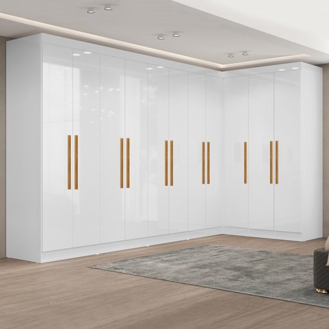 Guarda-Roupa de Canto Modulado com Puxadores em MDF Paris Branco