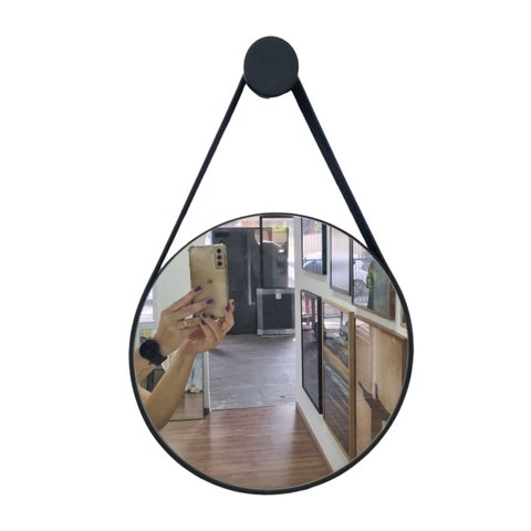 Espelho Redondo Adnet 60cm Moldura e Alça Couro Preto + Suporte