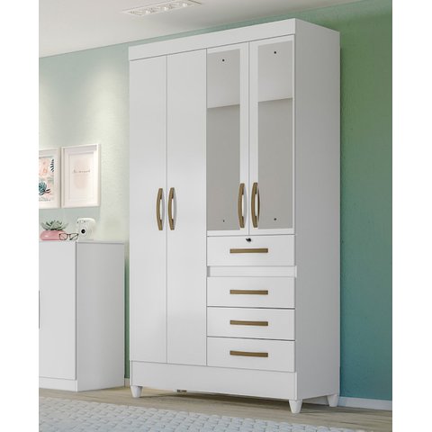 Guarda Roupa Solteiro Moval Sobral Branco/ Rosa/ Lilás/ Azul Flex 4 Portas 4 Gavetas c/ Espelho