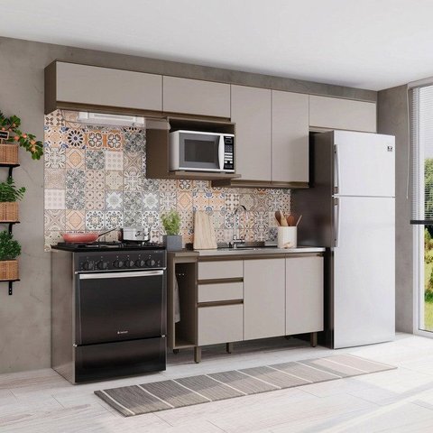 Cozinha Completa Modulada 8 Peças 8 Portas 100% MDF Aurora Espresso Móveis Cinza/Duna/Cristal