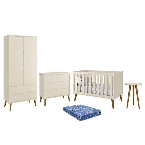 Dormitório Infantil Theo Retrô 2 Portas, Cômoda, Berço, Mesa de Apoio Areia Fosco com Pés
