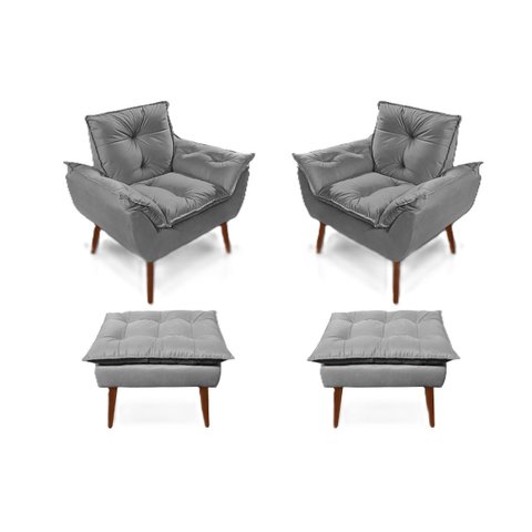2 Poltronas Cinza Claro Opala com 2 Puff Decorativa Confortável para Sala Quarto Recepção Suede Luxo