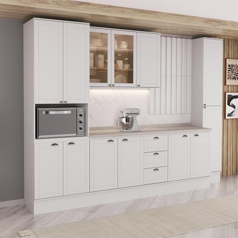Cozinha Milla Ivy 13 Portas 3 Gavetas MDF 310cm Branco Móveis Carraro