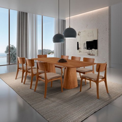 Sala de Jantar Mesa Noronha 220cm Tampo Laminado Barril e 8 Cadeiras Viena Gold