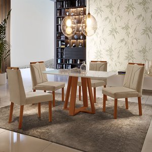 Conjunto Sala de Jantar Mesa Floripa Madeira Maciça 120x80cm Tampo Retângular Vidro Off White com 4 