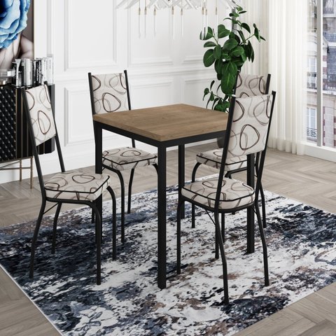 Conjunto Sala de Jantar Mesa Quadrada 90cm Tampo BP com 4 Cadeiras Adriana Preto/Madeira Cedro/Demolição