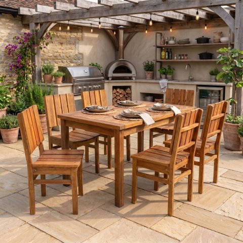 Conjunto Mesa com 6 Cadeiras de Madeira Maciça para Jardim e Varanda Marrom Ember