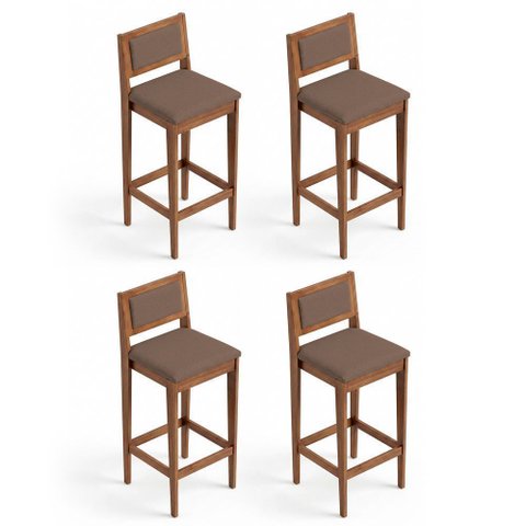 Kit 04 Banquetas Altas Lenna 99cm em Madeira e Encosto Estofado Linho Marrom - Desk Design