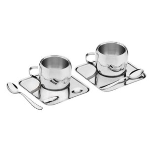 Kit para Café em Aço Inox Acabamento Brilho com Xícara Píres Quadrado e Colher 6 Peças