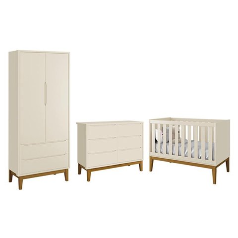 Dormitório Completo Infantil Classic 2 Portas, Cômoda 6 Gavetas e Berço Areia Fosco com Pés