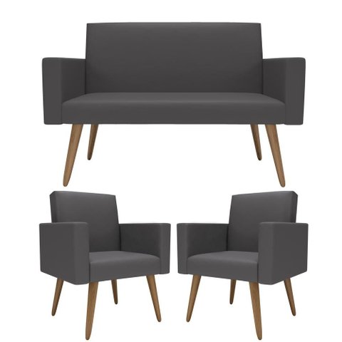 Kit Sófa 2 Lugares e 2 Poltronas para Sala de Estar Recepção Cinza-escuro