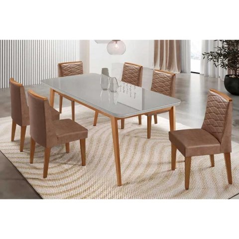 Conjunto: Mesa Sala Jantar Havana Tampo c/ Vidro Curvo 180cm+6 Cadeiras Maldivas Madeira Naturale/