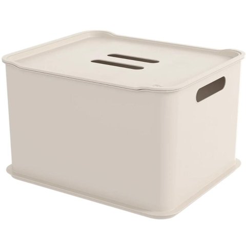 Kit 12 Caixas Plásticas Cesto Organizador 38x22,3cm Tampa Empilhável Bege Coza