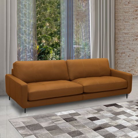 Sofá Decorativo Isaac 3 Lugares Sala de Estar 210cm Pés em Aço Couro Caramelo G88 - Gran Belo