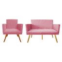 Ver imagem 1 de Kit Namoradeira + 1 Poltrona Decorativa Nina Suede Rosa Pés Madeira Ms Decor