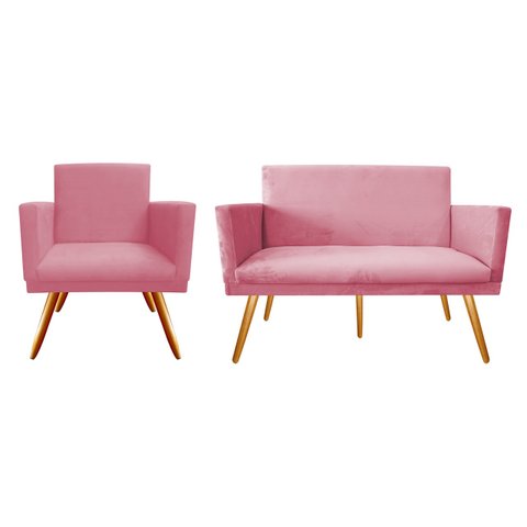 Kit Namoradeira + 1 Poltrona Decorativa Nina Suede Rosa Pés Madeira Ms Decor