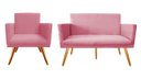 Ver imagem 1 de Kit Namoradeira + 1 Poltrona Decorativa Nina Suede Rosa Pés Madeira Ms Decor