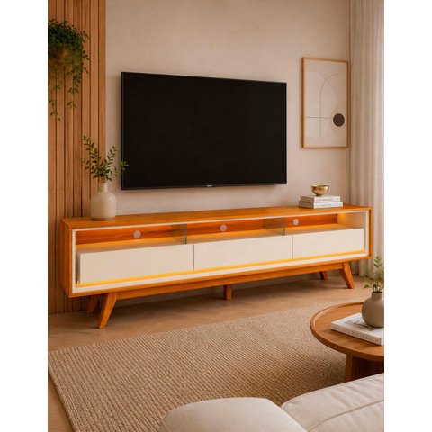 Rack Home para TV 85 Polegadas Sala Pés Madeira Tunísia Cor:Off-White e Madeira