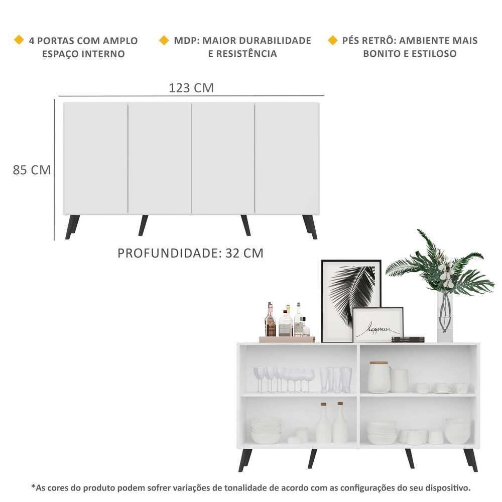 Aparador Buffet Retrô Multimóveis Veneza 4 Portas FG3556 Branco/Preto - 4