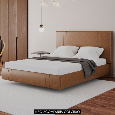 Cama Queen Flutuante com Cabeceira 160cm Lyra Sintético Camel S05 - Mpozenato
