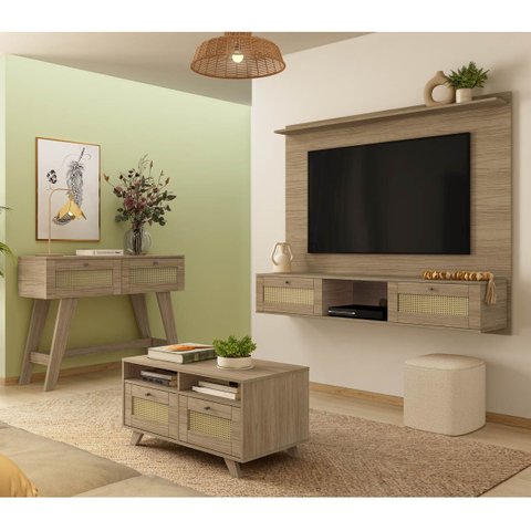 Conjunto Sala Painel P/ Tv até 72", Aparador 2 Gavetas, Mesa de Centro Carvalho Trama - Artely