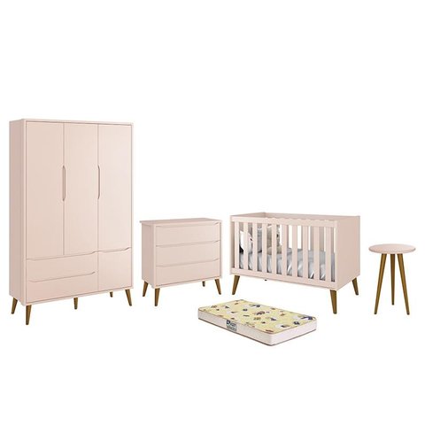 Dormitório Infantil Theo Retrô 3 Portas, Cômoda, Berço, Mesa de Apoio Rosa com Pés Amadeirado e Colc