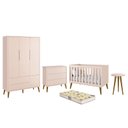 Ver imagem 1 de Dormitório Infantil Theo Retrô 3 Portas, Cômoda, Berço, Mesa de Apoio Rosa com Pés Amadeirado e Colc